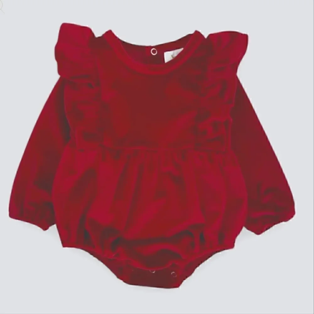 NWOT Red Cranberry Candy Apple Velvet Long Sleeve Bubble Romper Girls 18-24M